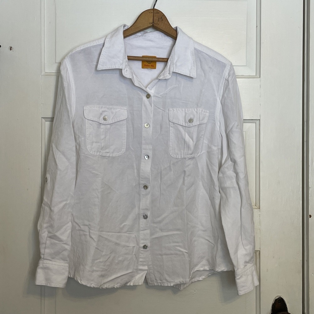 Rudy Rd. White Long Sleeve Button Up Blouse Linen Roll Sleeves